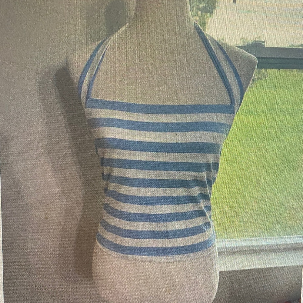 Blue and White Striped Halter Tank Top